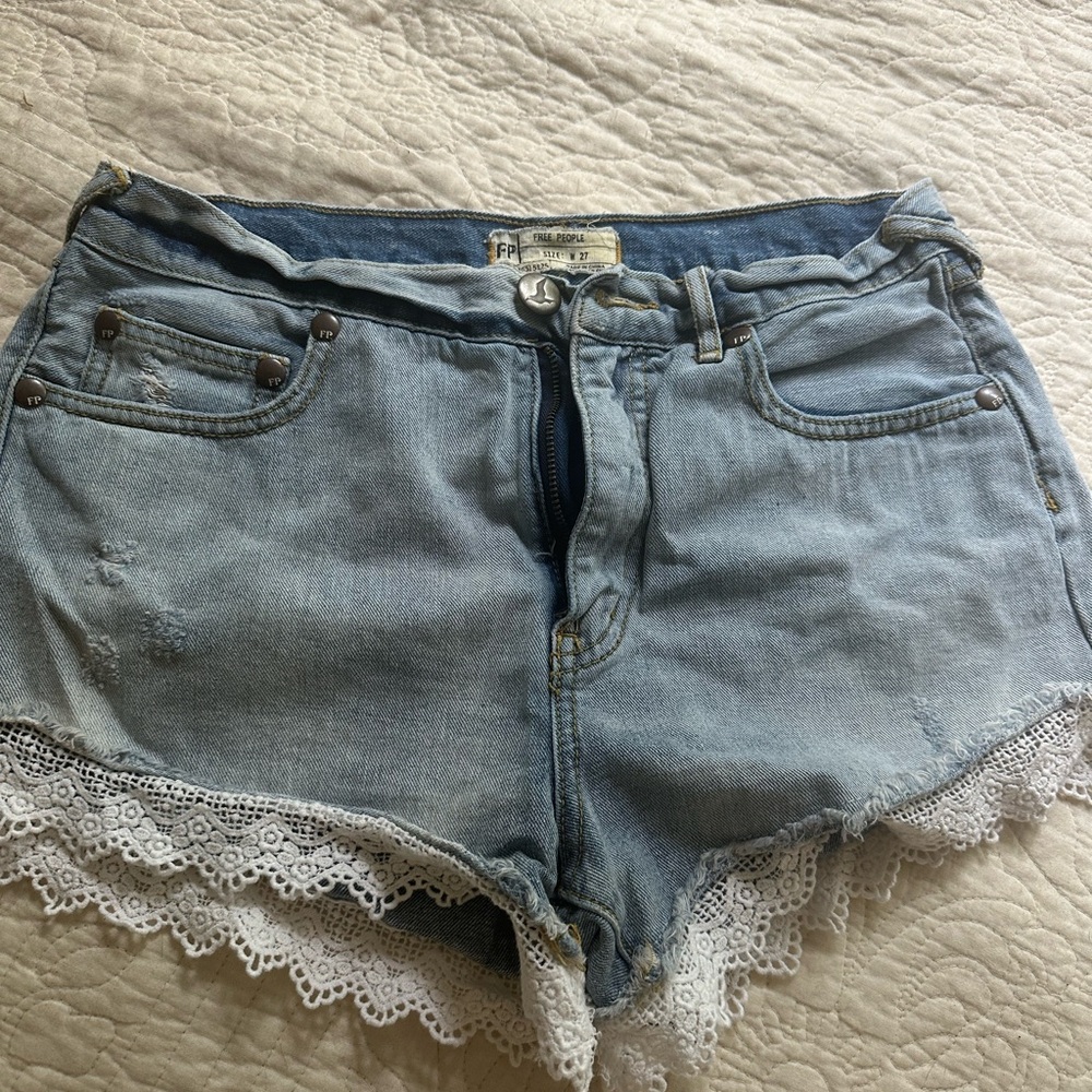 Free People Blue Jean Shorts with Lace Trim